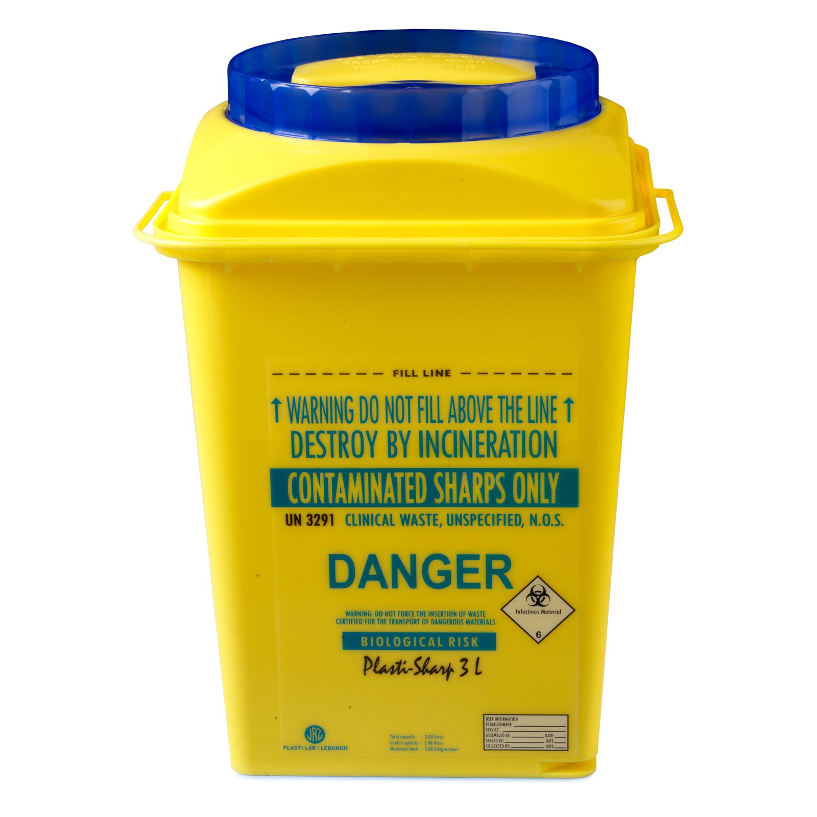 Контейнер для збору та утилізації голок і медичних відходів ємкість 3л. (з РР, квадратний), Plastilab (Ліван)